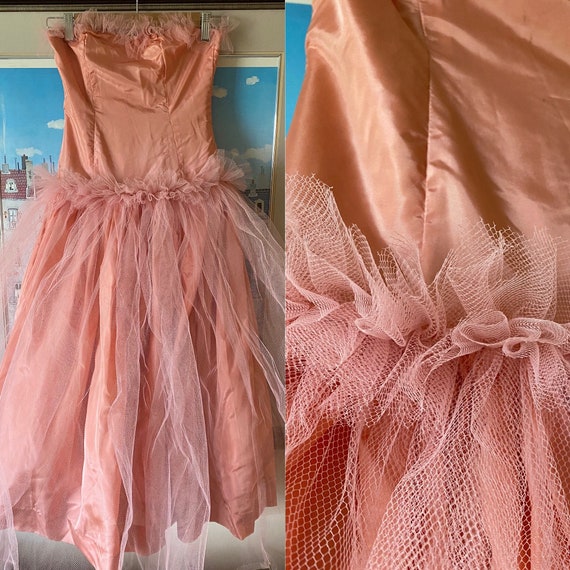 1950s Pink Strapless Tulle Dress