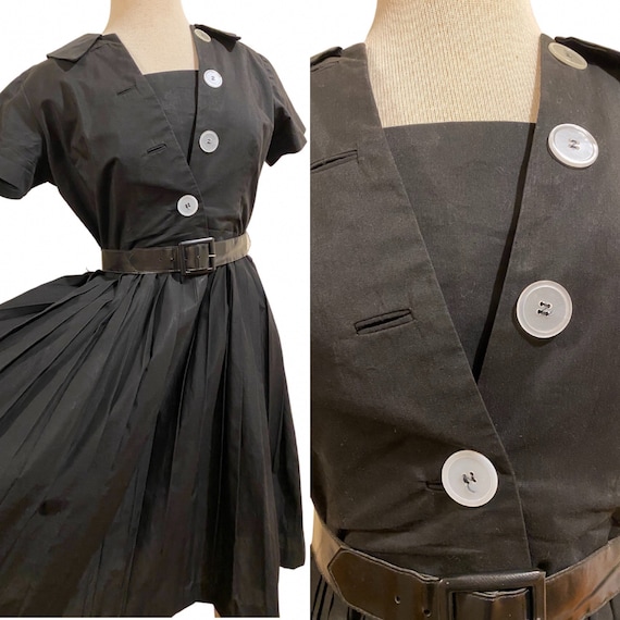 1950s Button Detail Pleated Black Dress with Belt