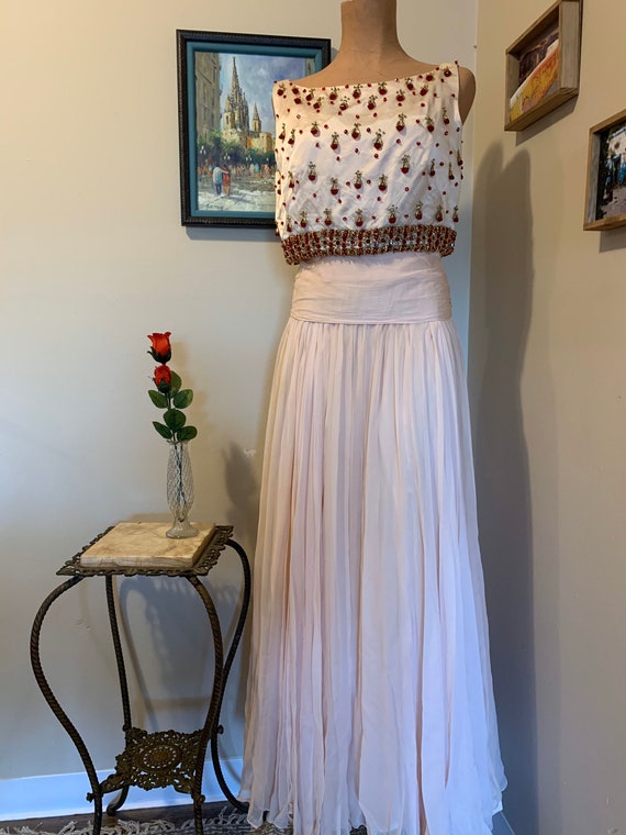 1950s Pink Chiffon Beaded 2 Piece Dress with Bow