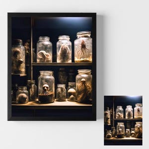 Morbide Alien Specimen in Gläsern Forensische Autopsie Kriminalität Digitale Kuriositäten Kuriositäten Makaber Anatomie Medizinische Kunst Dunkel Patient Dunkel Gruselig