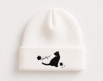Cat Embroidered Beanie, Japanese Cherry Blossoms, Unisex Headwear, Black Cat