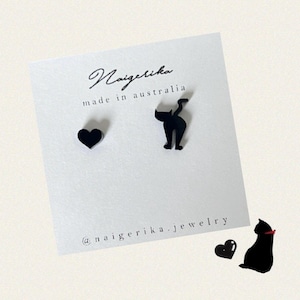 I LOVE Cat Bum stud earrings, catlovers earrings, black cat stud earrings, cute cat earrings, Cat Butt Earrings, mini heart studs