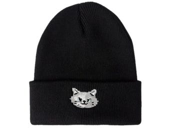 Pixel Embroidered Beanie, Unisex Y2K Cat Hat, Gift for Cat Lover