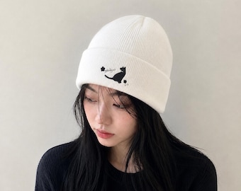 Black Cat Sakura Embroidered Beanie, Japanese Sakura, Unisex Beanie, Cherry Blossoms