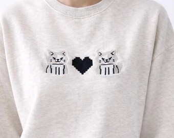 Pixel Cat Embroidered Sweatshirt, Y2K Oversized 100% Cotton