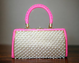 Rare Vintage 60s Hot Pink Beaded Wicker Purse