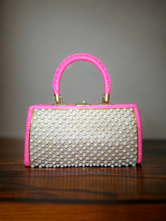 Rare Vintage 60s Hot Pink Beaded Wicker Purse