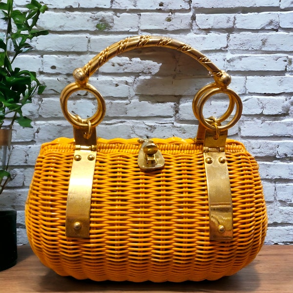 1950s Tangerine Orange Crown Lewis Wicker Baguette Purse