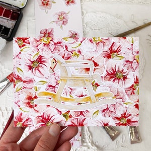Carte postale aquarelle florale - Cheval à bascule + enveloppe kraft