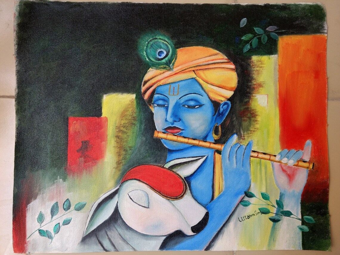Handmade lord Krishna painting on canvas with oil colour Etsy