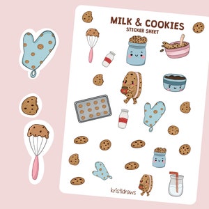 Kawaii Milk and Cookies Planner Sticker Sheet | Bujo Sticker Sheet | Kawaii Stationary | Scrapbook Stickers | Food Stickers | Cookie Sticker