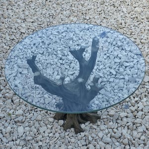 May include: A circular glass-topped coffee table featuring a distinctive tree trunk base. The base is dark grey, and the glass reflects the environment. The table rests on a bed of small, white stones. The table's diameter is approximately 100 cm.