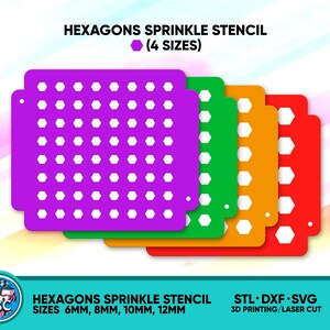 May include: A set of hexagon sprinkle stencils in purple, green, orange, and red. Each stencil features a pattern of white hexagons. The image text reads "HEXAGONS SPRINKLE STENCIL (4 SIZES)" and "SIZES 6mm, 8mm, 10mm, 12mm".