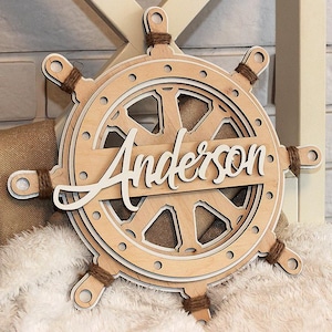 Nautical Ship Wheel Name Sign, Ship Wheel wall decor, Door Hanger, Pirate Ship Wheel Door Hanger, Nautical Boat Wheel