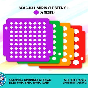 Puede incluir: Cuatro plantillas de diferentes tamaños para decorar pasteles y galletas con chispas en forma de concha. Las plantillas son de color morado, verde, naranja y rojo. Las plantillas están etiquetadas como "Seashell Sprinkle Stencil (4 Sizes)" y "STL DXF SVG 3D Printing/Laser Cut".