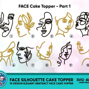 Targa per torta con volto di donna Line Art Parte 1, Una confezione di decorazioni per volti, Decorazione per torta con volto di donna Line Art, Decorazione per torta in formato svg, Decorazione per torta in formato SVG con file tagliato al laser