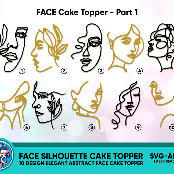 Lady Line Art face cake plaque Part 1, A pack of face toppers, Line Art Woman Bundle Cake Topper, Cake topper svg, Laser cut file topper SVG