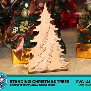 Alberi di Natale in piedi, silhouette natalizia, decorazione albero forestale, decorazione finestra alberi, albero di pino, glowforge, file SVG tagliato al laser