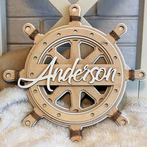 Nautical Ship Wheel Name Sign SVG, Ship Wheel wall decor, Door Hanger DXF, Pirate Ship Wheel Door Hanger, Nautical Boat Captains Wheel
