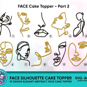 以下が含まれることがあります： 黒と金の抽象的な顔のシルエットのケーキトッパー10個。デザインはシンプルでエレガントで、モダンな結婚式や誕生日ケーキに最適です。