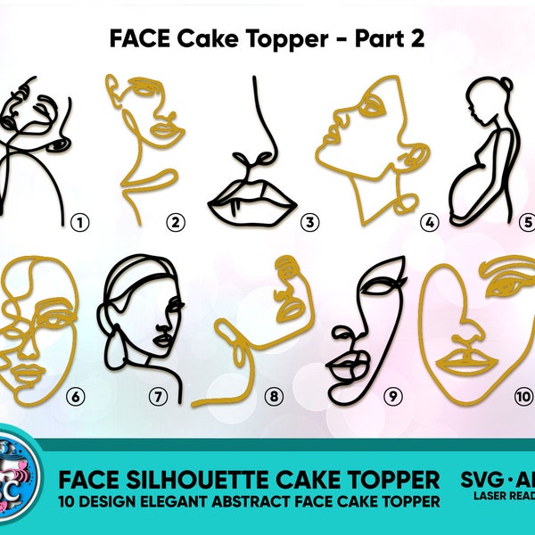 Lady Line Art face cake plaque Part2, A pack of face toppers, Line Art Woman Bundle Cake Topper, Cake topper svg, Laser cut file cake topper