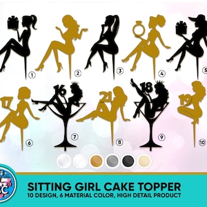 Sitting Girl Cake Topper, Sitting Lady Silhouette Cake Topper, Topper for Girl, Woman Silhouette Cake Topper, Happy Birthday Cake Topper