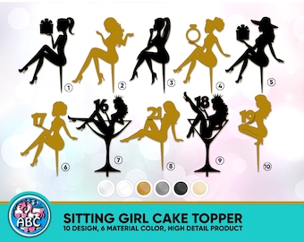 Sitting Girl Cake Topper, Sitting Lady Silhouette Cake Topper, Topper for Girl, Woman Silhouette Cake Topper, Happy Birthday Cake Topper
