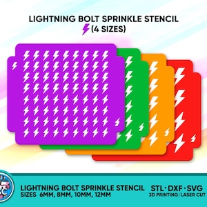 May include: Four different sized stencils of lightning bolts, in purple, green, orange, and red. The stencils are for use with sprinkles and are labeled "Lightning Bolt Sprinkle Stencil (4 Sizes)".