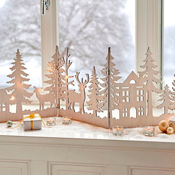 Centro de mesa con árboles navideños de pie, silueta navideña con decoración de bosque mágico, decoración de ventanas con árboles, Glowforge, archivo de corte SVG