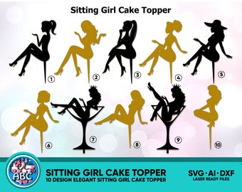 Sitting Girl Cake Topper, Sitting Lady Silhouette Cake Topper SVG, Topper for Girl, Woman Silhouette Cake Topper, Happy Birthday Cake Topper