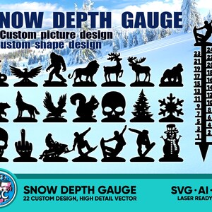 Snow Depth Measuring Gauge SVG, Snow Depth Ruler, Snowman dxf, Snowmobile svg, Snowflake dxf, Skier svg, Snowboarder svg, laser ready files.
