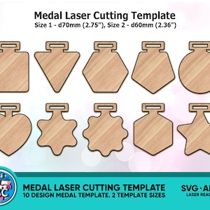 May include: A digital download of 10 laser cutting templates for medals in two sizes: 70 mm and 60 mm. The templates include a variety of shapes, including a square, triangle, hexagon, circle, heart, star, and flower.