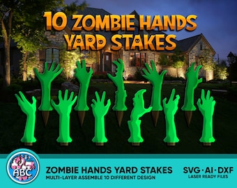 Puede incluir: Diez estacas de jardín con forma de manos de zombi verdes con estacas marrones. El texto "10 ZOMBIE HANDS YARD STAKES" se muestra encima de las manos. Las estacas están diseñadas para la decoración del jardín.
