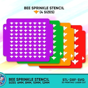 Pode incluir: Quatro stencils sobrepostos de abelhas em diferentes tamanhos, 6 mm, 8 mm, 10 mm e 12 mm. Os stencils são roxo, verde, laranja e vermelho. O texto "BEE SPRINKLE STENCIL (4 SIZES)" está na parte superior da imagem. O texto "STL DXF SVG 3D PRINTING/LASER CUT" está na parte inferior da imagem.
