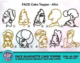 Lady Line Art face cake plaque African, Line Art Black Woman Cake Topper, Afro Face sake toppers, Cake topper svg, laser cut file topper SVG