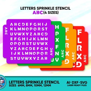 May include: A set of four letter stencils in purple, green, orange, and red. Each stencil features the alphabet in white, with the text "ABC" on the side. The stencils are labeled "Letters Sprinkle Stencil" and come in four sizes.