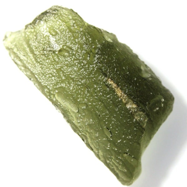 Véritable moldavite tchèque de la localité "JAKULE, 3,13 grammes, 31x15x5,5 mm, belle couleur verte, trouvée en 1999, avec canal à gaz, structure fine