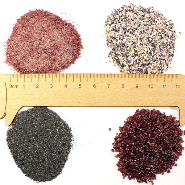 Natural sand - black (Bulgaria), blue-white from shells (Bulgaria),  red (garnet from Tanzania), price for 10 grams