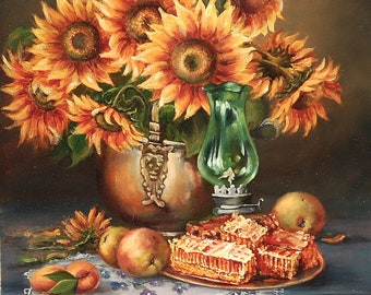 Sunflowers painting, Original oil paintings on canvas,Still Life Painting,kitchen art gift girlfriend graduation