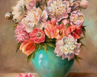 Peony Oil Painting: Floral Still Life, Blush Pink Canvas Art