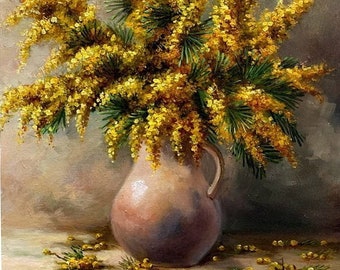 Original Mimosa Oil Painting on Canvas: Floral Still Life Art