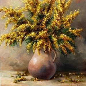 Spring mimosa painting oil painting flowers mimosa art original canvas painting floral yellow mimosa wall painting Still life Gift for her