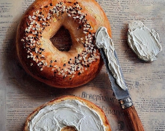 Bagel with Cream Cheese Painting, Original Impasto Oil Art (12x16in)