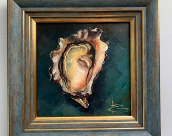 Delicate Oyster Shell: Small Oil Painting on Canvas, oysters, oil painting, oysters art