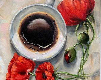 Coffee art cup of coffee poppy flower art poppy morning coffee art Art illustration lovers gift Oil painting original