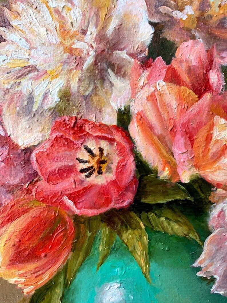 May include: A close-up of a still life painting featuring a bouquet of pink and red tulips in a green vase. The flowers are painted with thick brushstrokes, creating a textured effect.