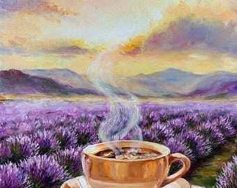 Coffee and lavender, Provence, cup of coffee, morning coffee, Art illustration, lovers gift, Original impressionistic, Oil painting original