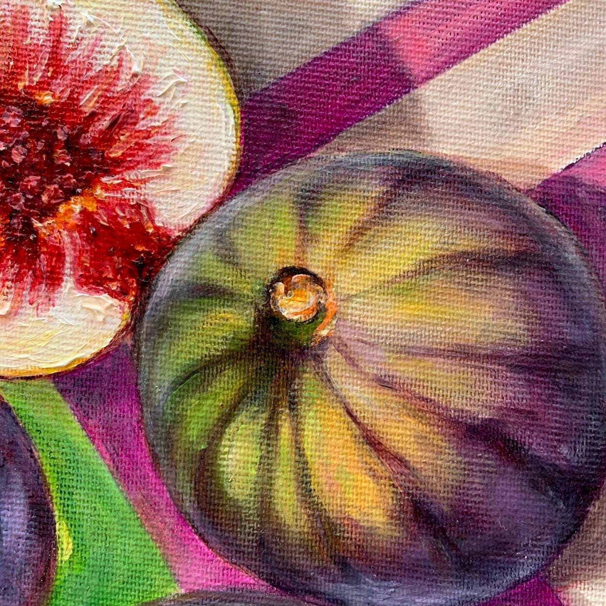 イチジクの油絵：オリジナルのフルーツ静物画、キッチンの壁アート