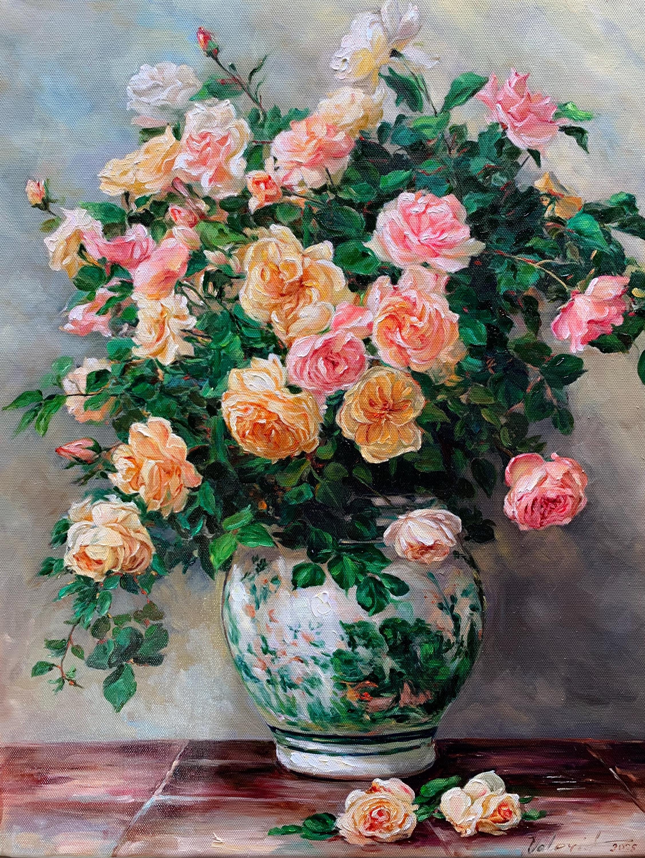 中国の花瓶に描かれたバラの油絵：花の静物画 - Etsy 日本