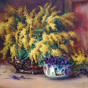 Mimosa Oil painting flowers Mimosa painting Art original Still life Still Life Painting  Print Floral painting spring mimosa spring flowers